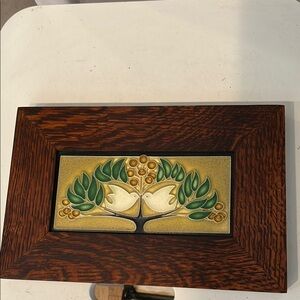 STUNNING wooden Framed Ceramic Tile Art with birds doves  and trees by Motawi